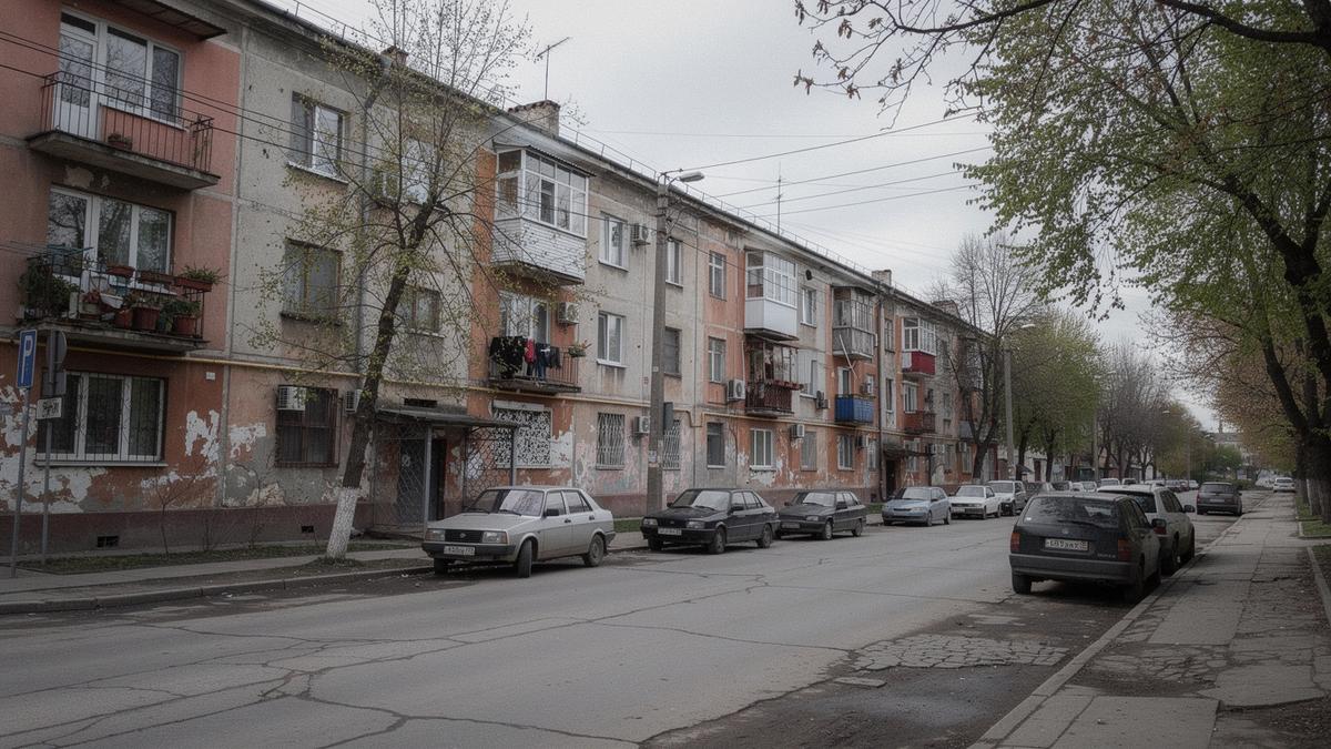 Mid-rise apartment blocks along a tree-lined street in a Kyiv district at midday