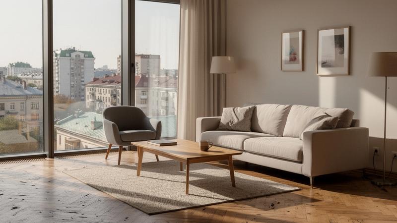 Living room with tall windows in a Kyiv apartment